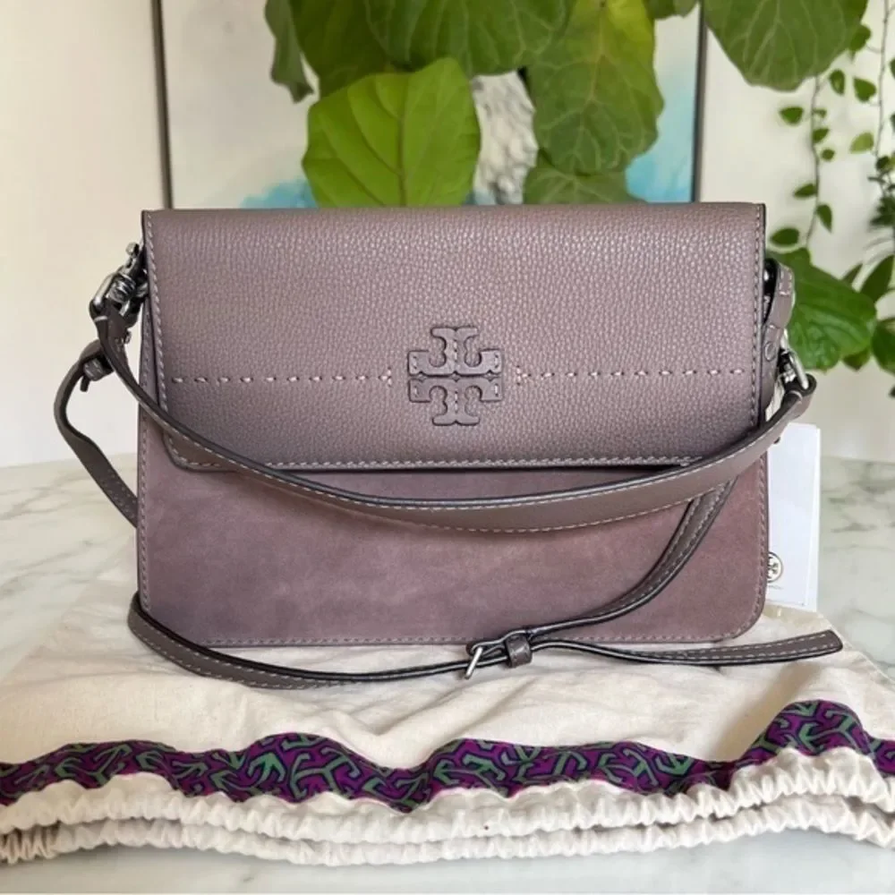NWT Tory Burch McGraw Shoulder Crossbody Bag Mixed Leather Suede Silver Maple